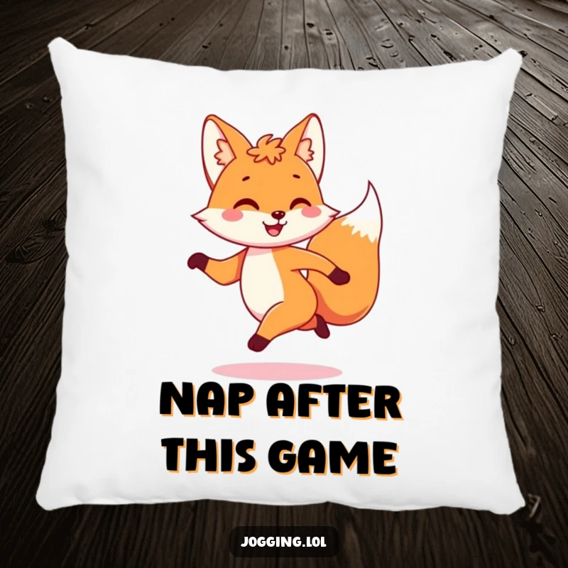 Funny pillow featuring a playful fox character dashing with a joyful bounce, offering comfort with a touch of playful energy.