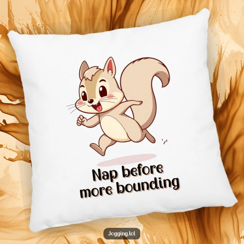 Funny pillow featuring a playful squirrel character bounding with exertion, perfect for adding a touch of humor and comfort.