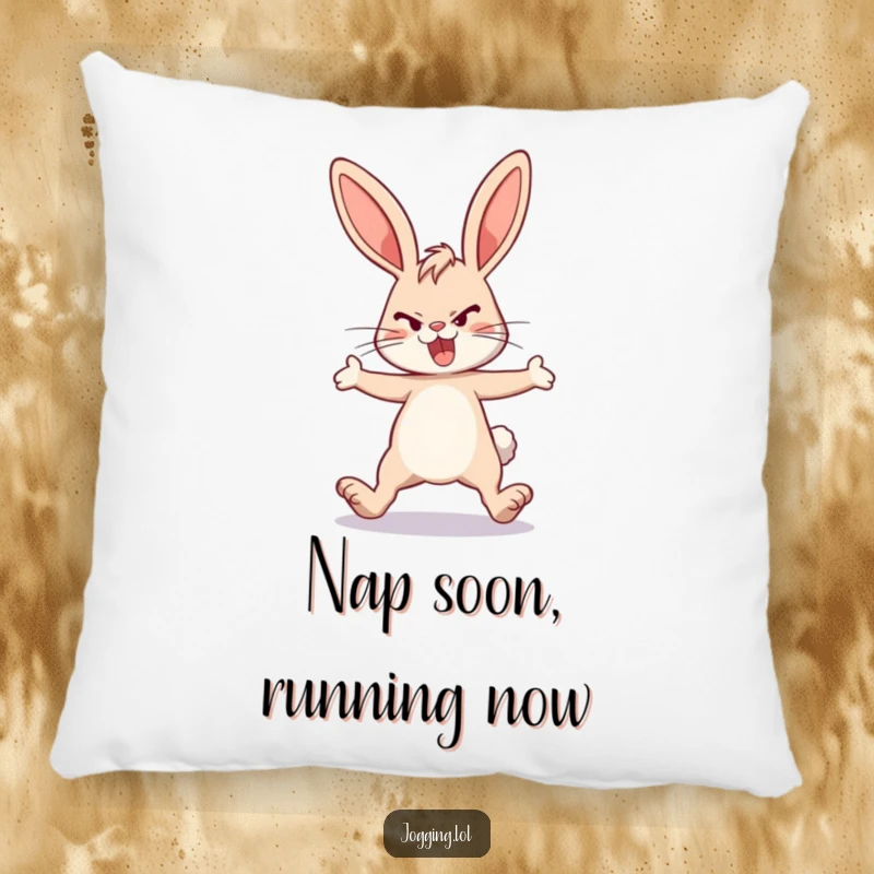 Funny energetic bunny pillow, determined rabbit, legs extended, cozy accent, motivational decor, awesome funny gift