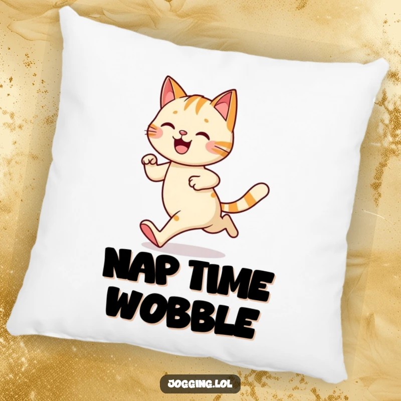 Funny pillow depicting a happy cat character jogging with a charming wobble, adding comfort and playful feline humor, a great funny gift.
