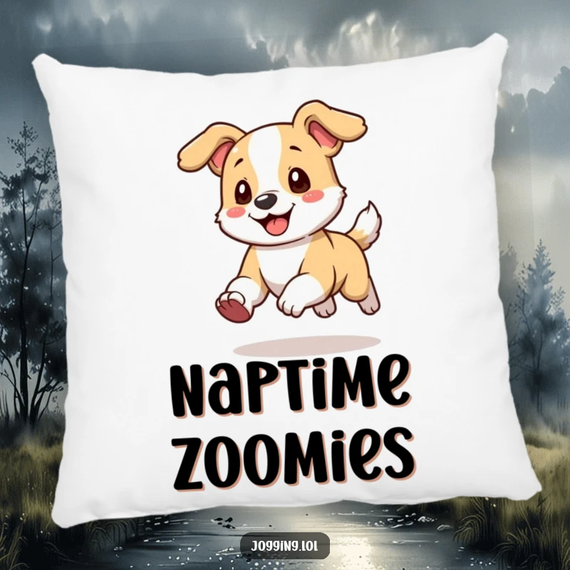 Funny Pillow showcasing a playful dog character running with its ears happily flopping, offering cozy comfort and cheer.