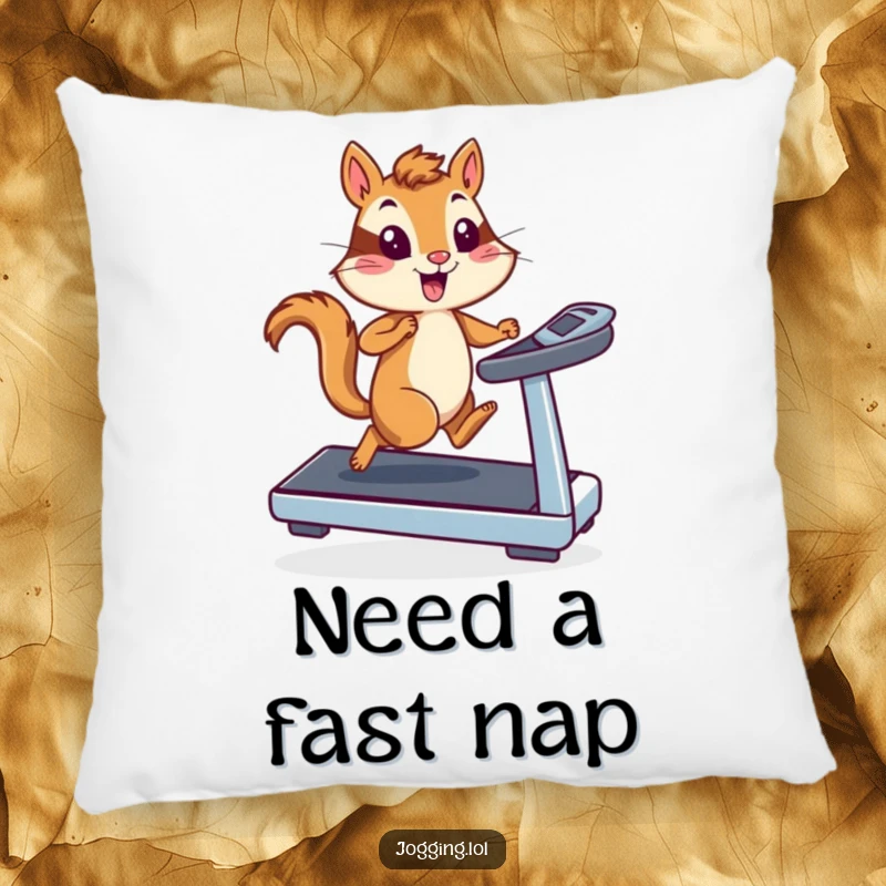 Funny energetic chipmunk runner on a treadmill, depicted on a plush pillow, adding humorous comfort and a sense of speed to any room.
