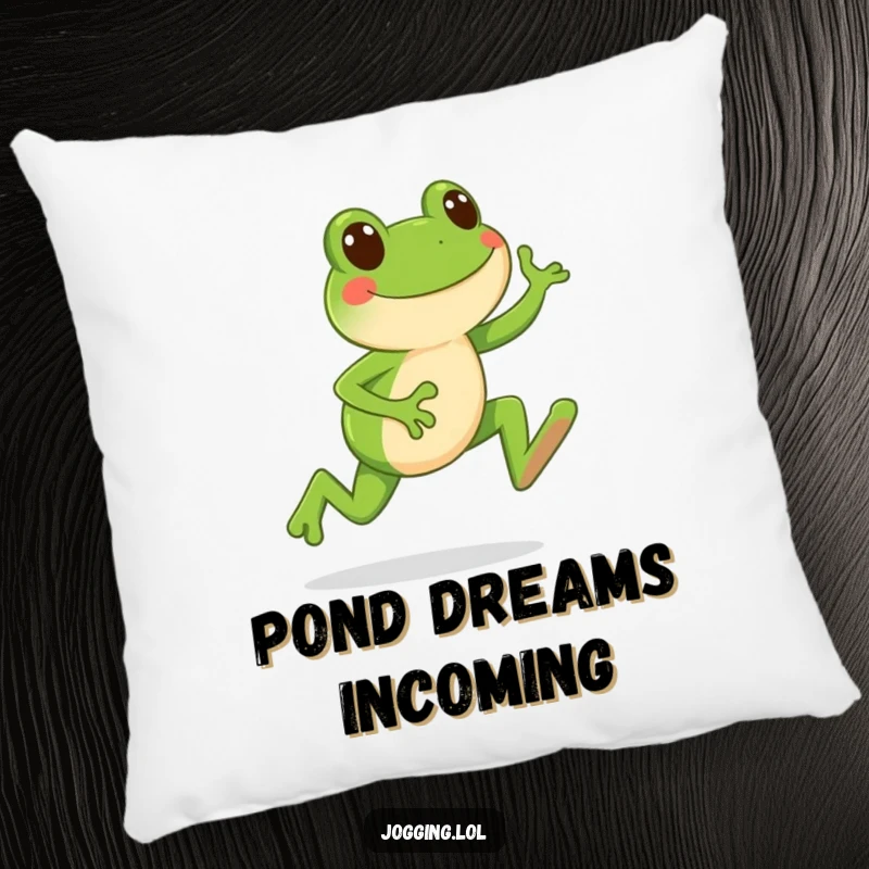 Funny pillow featuring a happy frog character leaping forward with each jogging stride, offering plush humor.