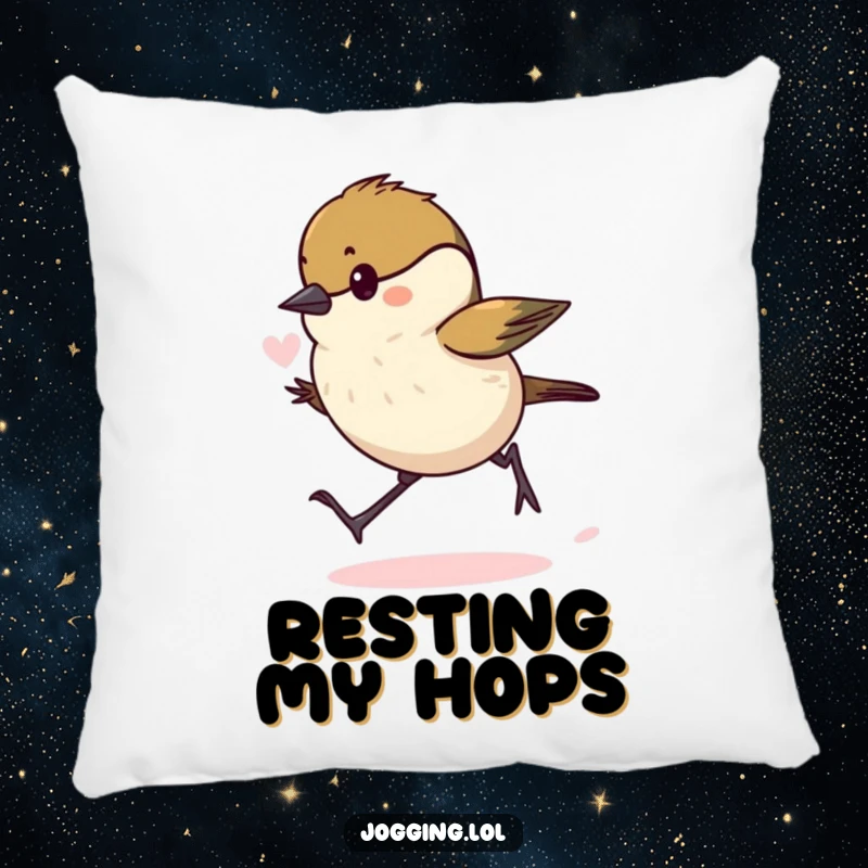 Funny chickadee pillow with a determinedly hopping bird, lungs puffed, providing humorous comfort and a touch of whimsy.