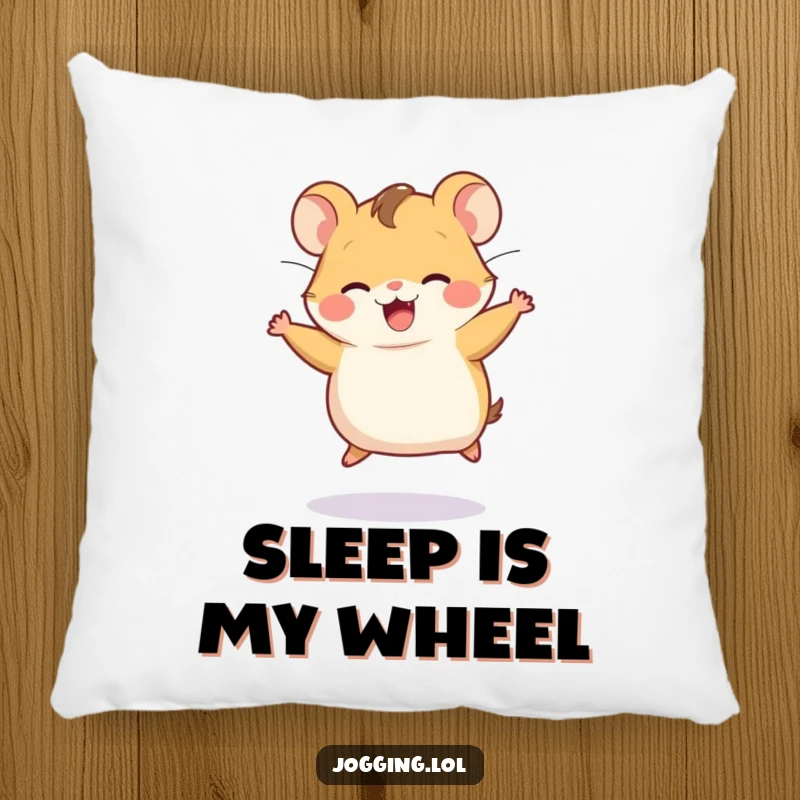 Funny pillow featuring a soft design of a joyful hamster character running on an invisible wheel, full of motion.