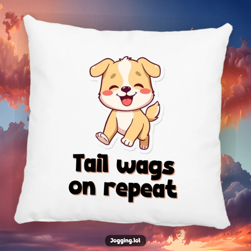 Funny dog pillow with a smiling character energetically wagging its tail, offering plush comfort and a dose of adorable humor.