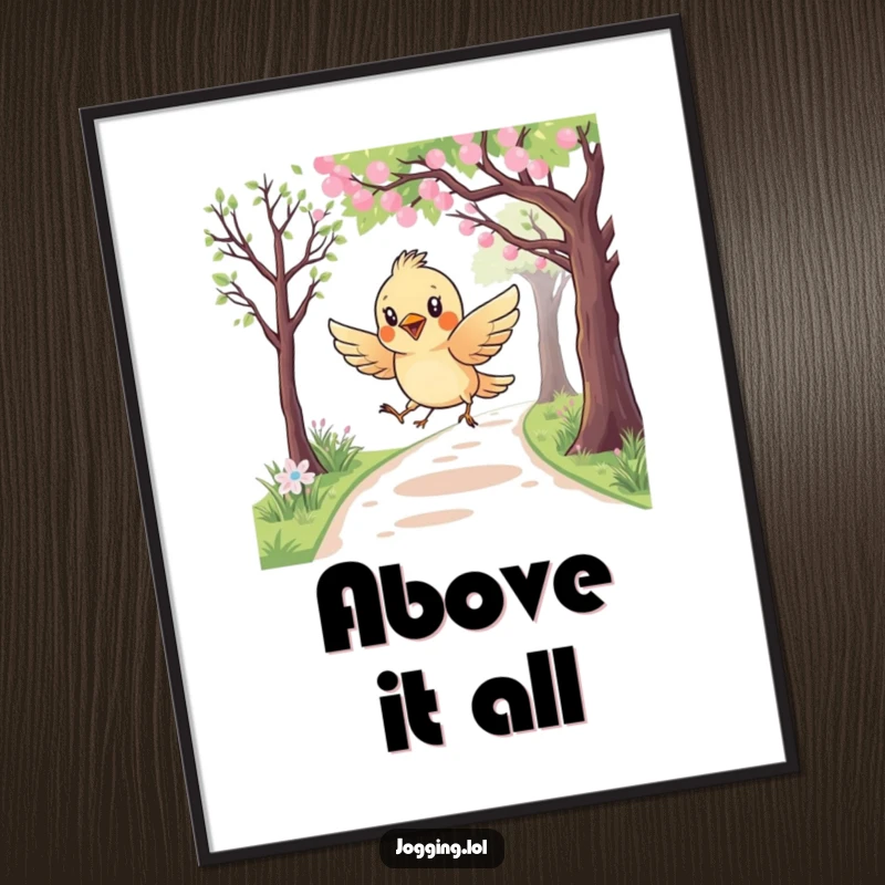 Funny digital art print of a curious bird character playfully swooping over a jogging path, perfect for adding a touch of whimsical decor.