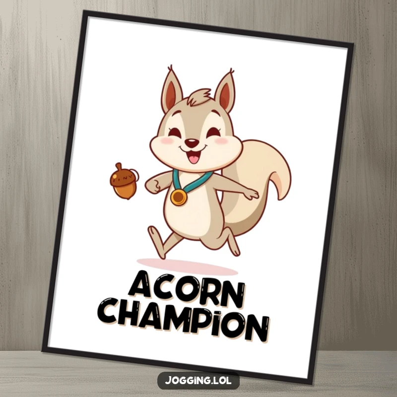 Funny Digital Art Print of a smiling squirrel character jogging enthusiastically, holding a tiny acorn like a prestigious medal.