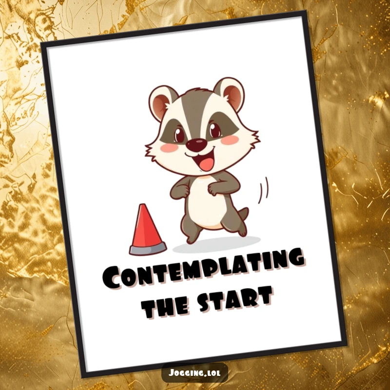 Funny digital art print of a happy badger character comically starting a race, capturing a humorous moment of athletic ambition for wall decor.