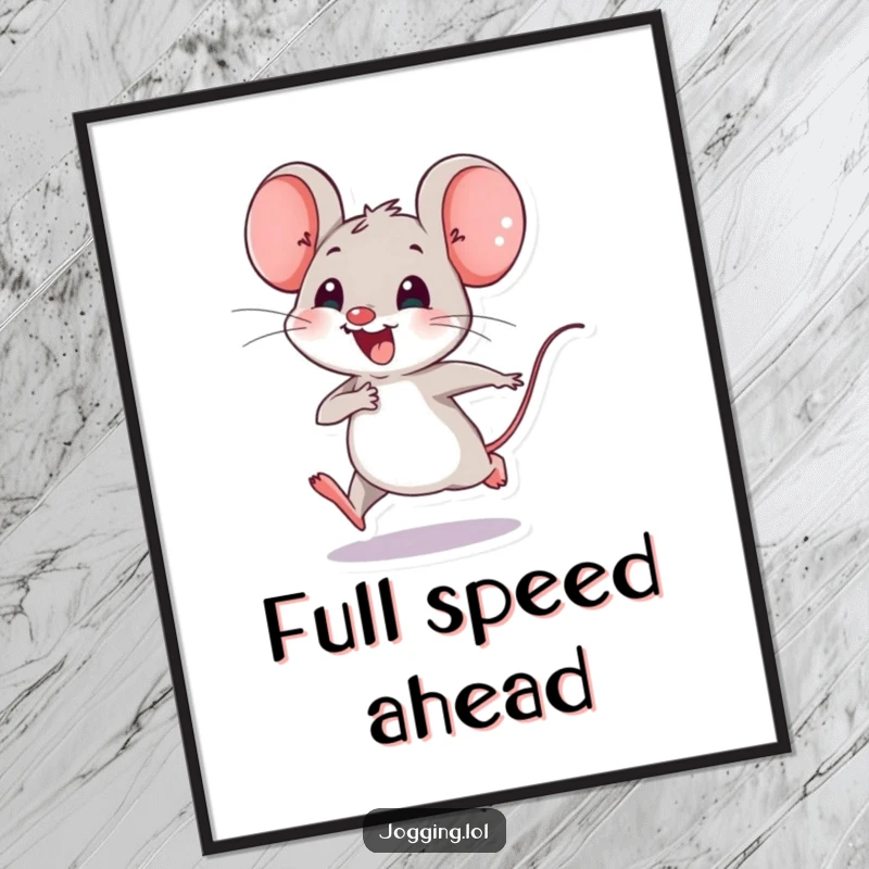 Funny digital art print of a joyful mouse character happily speeding along with tiny legs, perfect for adding a touch of energetic decor.