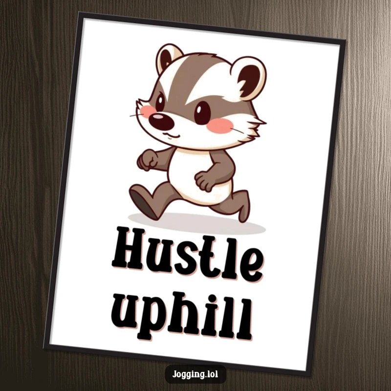 Funny digital art print of a determined badger with puffed cheeks, heroically jogging uphill.