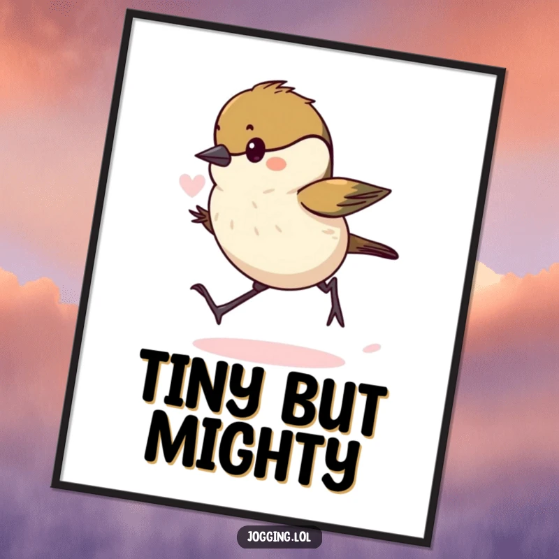 Funny chickadee digital art print of a determined bird hopping forward with puffed lungs, capturing a moment of humorous effort and resolve.