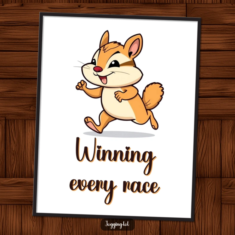 Funny chipmunk jogging digital art print featuring a smiling rodent in motion, perfect for humorous and energetic wall decor.
