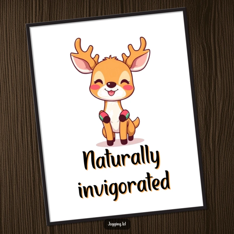 Funny digital art print of a happy deer with tiny wristbands, looking invigorated, perfect for sporty wall decor.