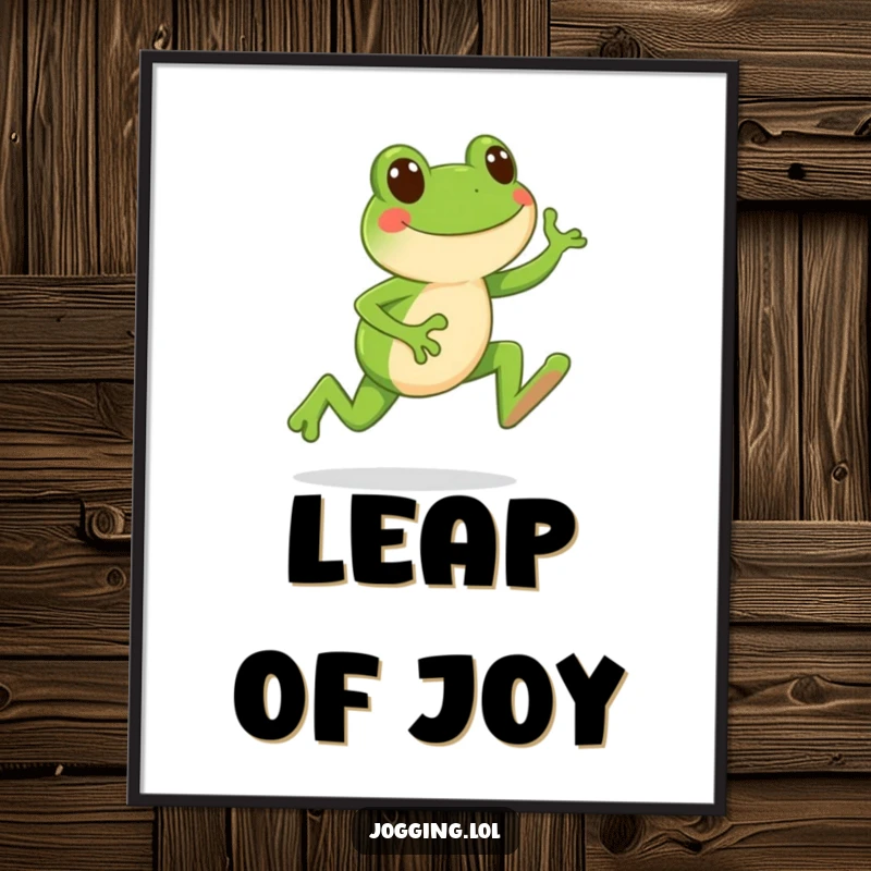 Funny digital art print of a happy frog character leaping forward with each jogging stride, perfect for humorous decor.