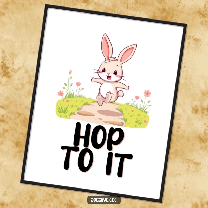 Funny Digital Art Print of a happy cartoon rabbit character performing energetic leaps along a path, full of life.