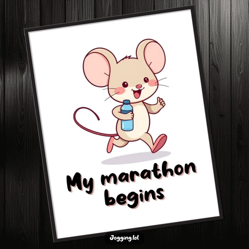 Funny digital art print of a cheerful mouse character jogging with a tiny water bottle, ready to inspire and entertain.