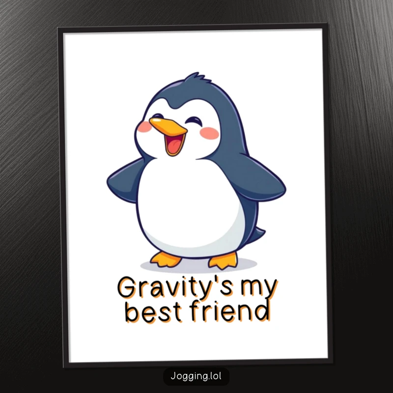 Funny penguin digital art print of a delighted character sliding with a wide grin, ready to bring instant humor to any display.