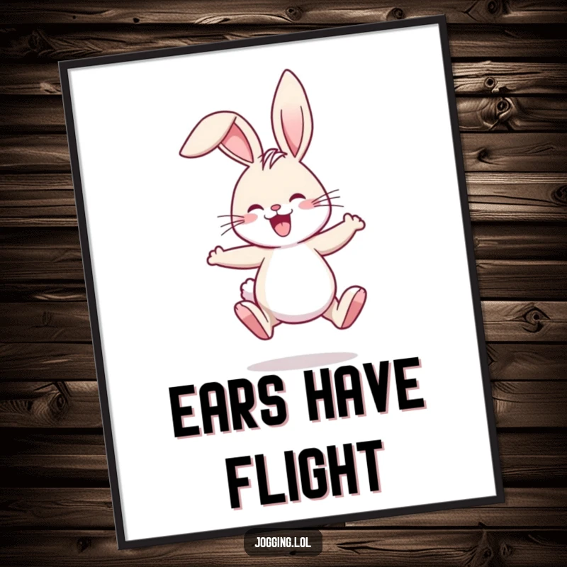Funny digital art print of a joyful rabbit comically jogging, ears flopping in a hilarious, energetic illustration.