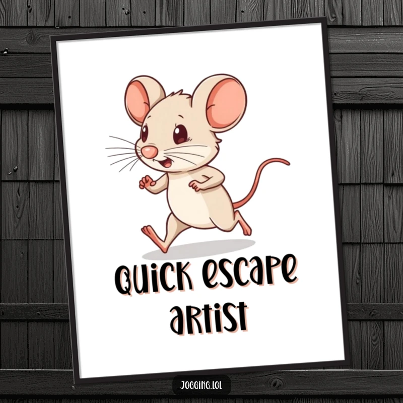 Funny digital art print of a determined little mouse character running with tiny legs pumping, perfect for humorous decor.