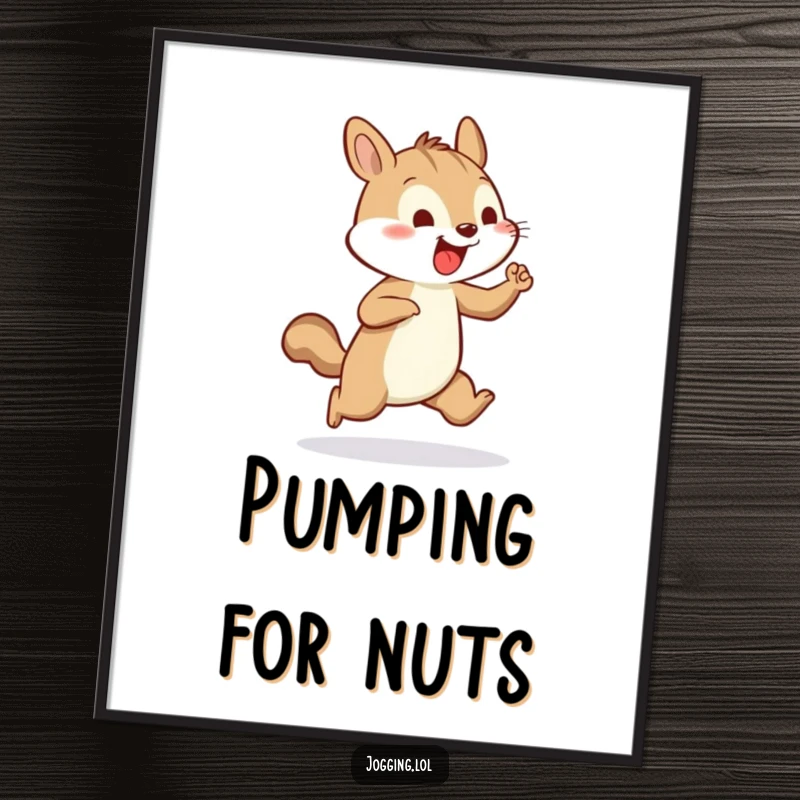 Funny digital art print of a cheerful squirrel vigorously pumping its tiny arms while jogging, showcasing energetic fun.