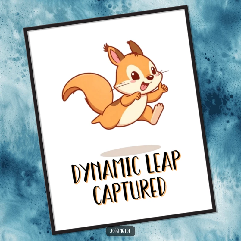 Funny digital art print of a playful squirrel sprinter captured in a joyful leap, ready to add vibrant energy.