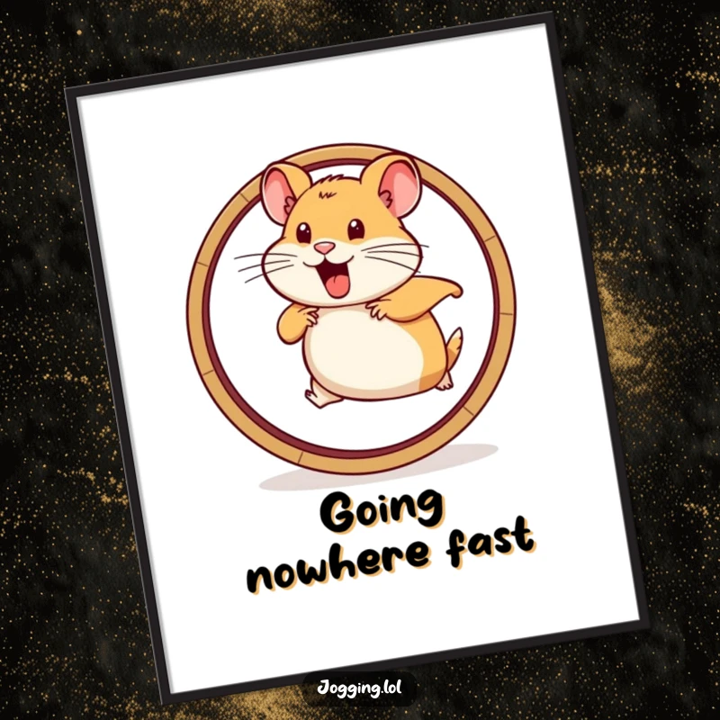 Funny digital art print of a determined hamster running vigorously on a wheel graphic, designed to inspire relentless effort.