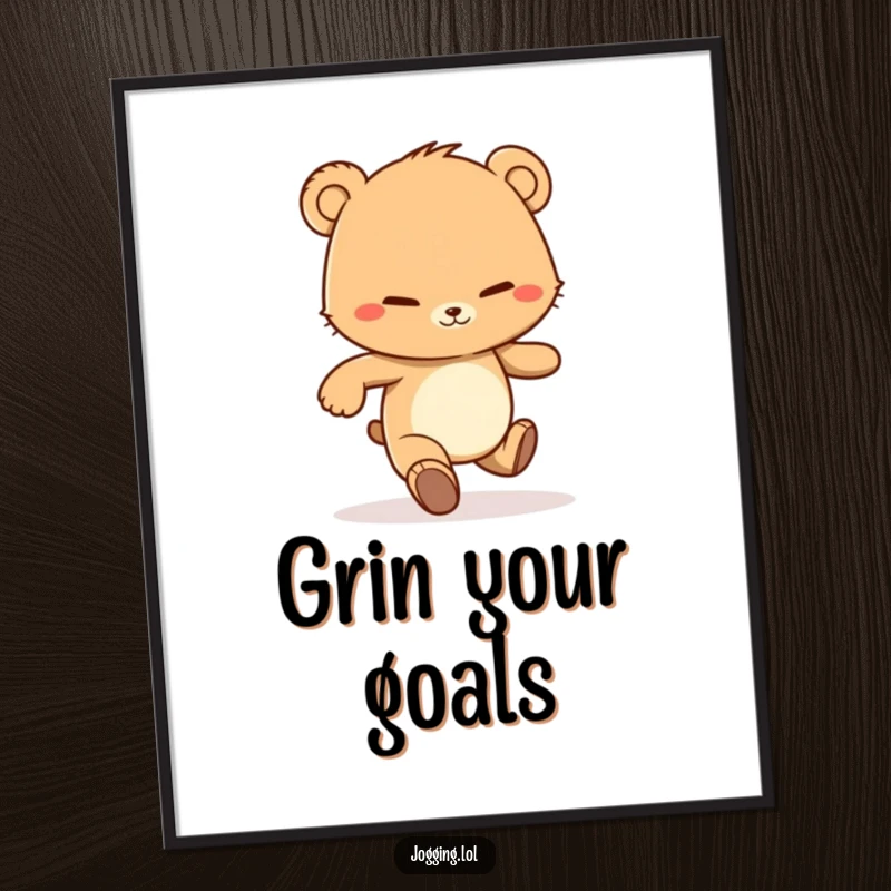 Funny digital art print of a determined bear cub character jogging with a grin, perfect for instant download and motivational decor.