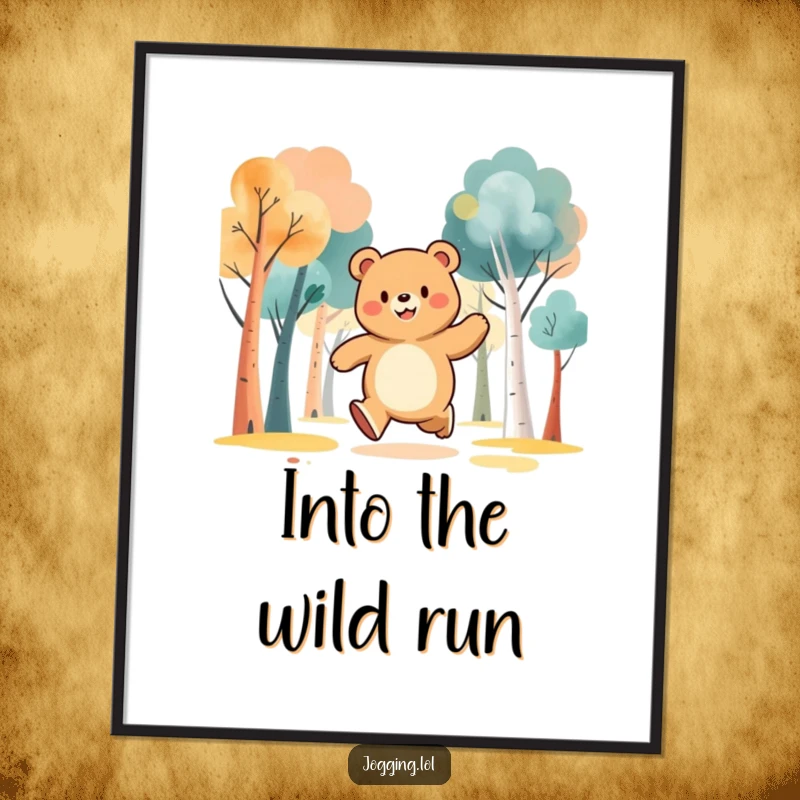 Funny digital art print of a jubilant bear character jogging through abstract trees, designed to spread joy and forest vibes.