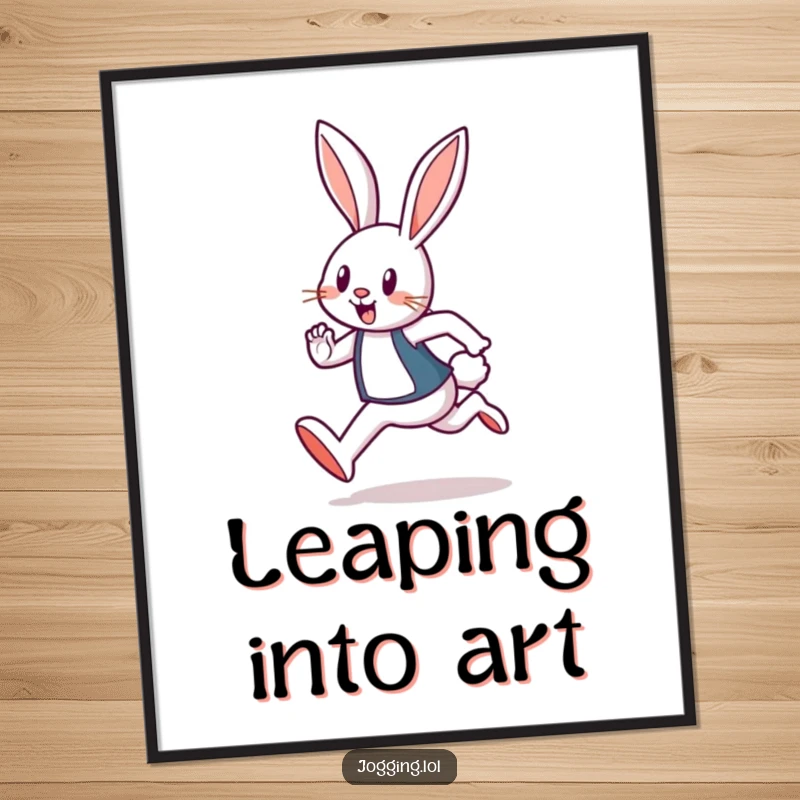 Funny digital art print of an animated rabbit jogger, hopping joyfully, ready to add vibrant energy to any space.