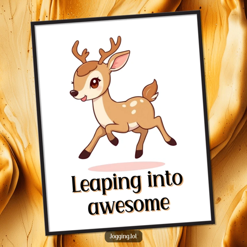 Funny digital art print of a smiling deer bounding with determined joy, ready to add a humorous and energetic focal point to any digital display.