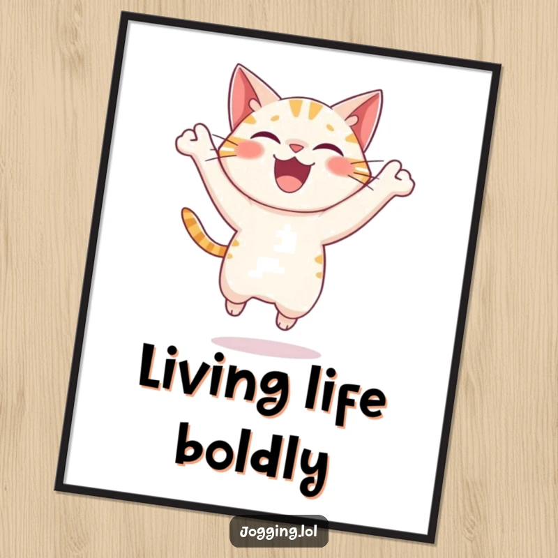 Funny cat digital art print of a delighted character leaping joyfully, full of energy and playfulness for instant decor, a fun gift.