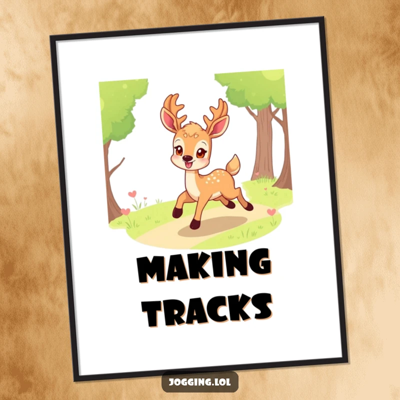 Funny deer digital art print of a smiling character eagerly bounding along a path, perfect for cheerful and humorous decor.