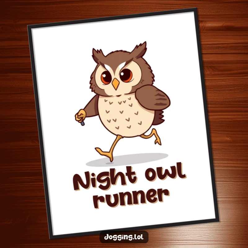 Funny owl digital art print of a determined bird comically jogging with tiny jogging poles. Humorous and instant download.