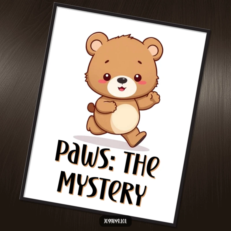 Funny digital art print of a curious bear cub character jogging tentatively, looking at its paws, perfect for humorous home decor.