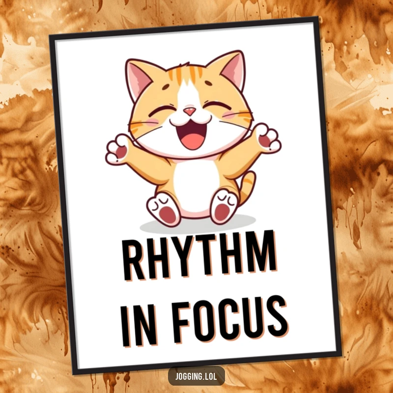Funny digital art print of a joyful cat character with paws pumping rhythmically, perfect for instant download and a lively atmosphere.
