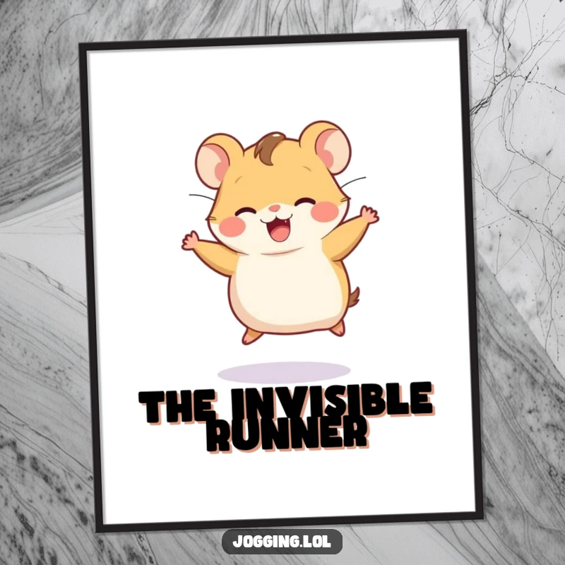 Funny digital art print of a joyful hamster character running on an invisible wheel, perfect for energetic decor.