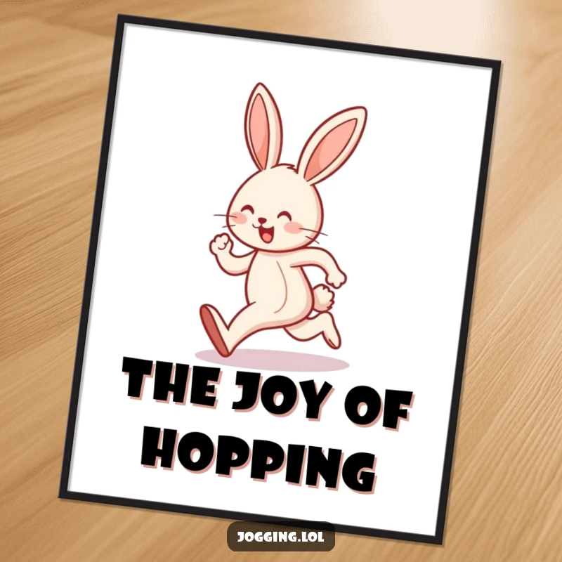 Funny digital art print of a joyful bunny character performing a happy hop mid-jog, full of cheerful energy.