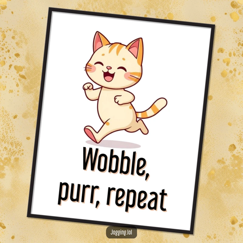 Funny digital art print of a happy cat jogging with a playful wobble, offering instant feline humor and charming decor, ideal funny gift.