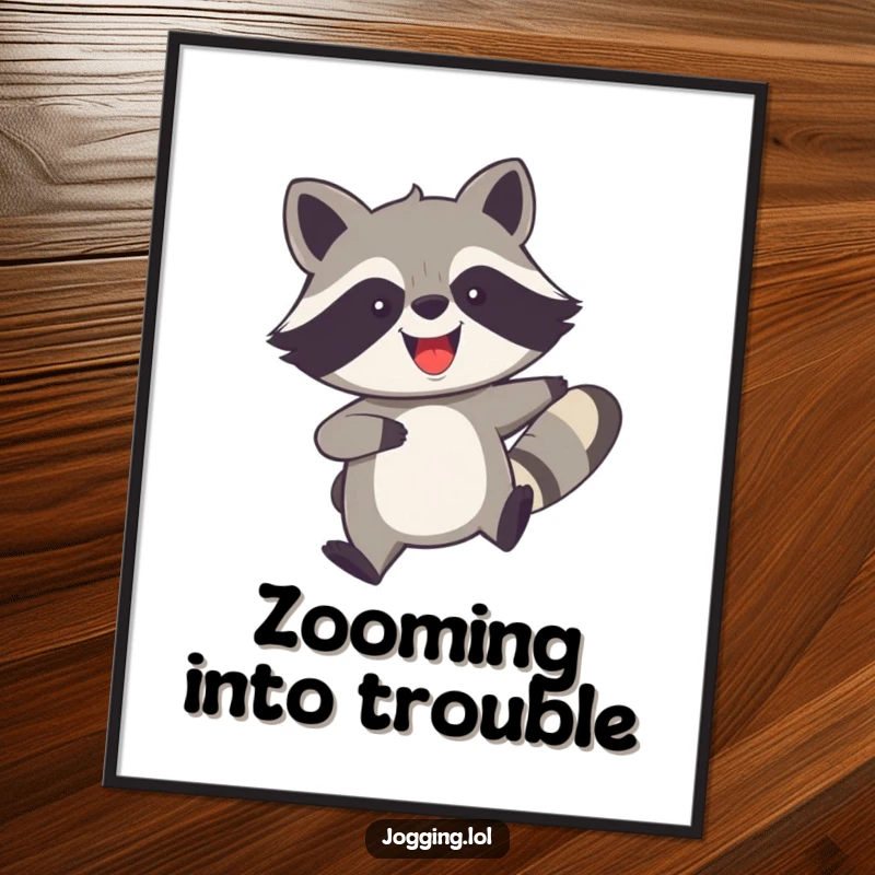 Funny digital art print of a joyful raccoon with legs churning rapidly, ready to add humorous speed and energetic fun to any digital display.