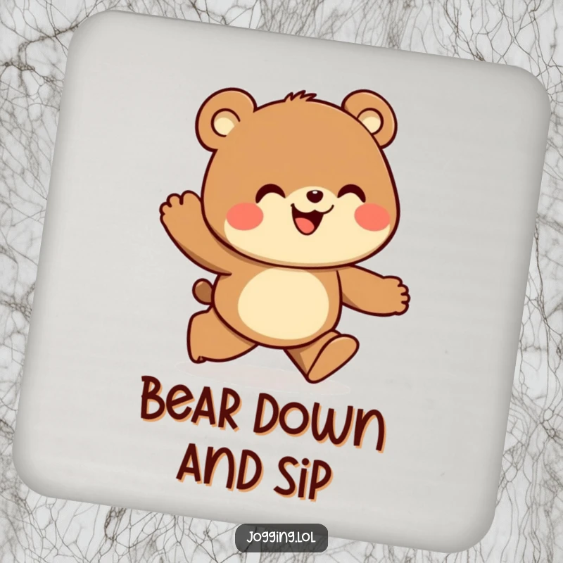 Funny drink coasters featuring a curious bear jogger looking ahead with joy, offering delightful protection for tables.