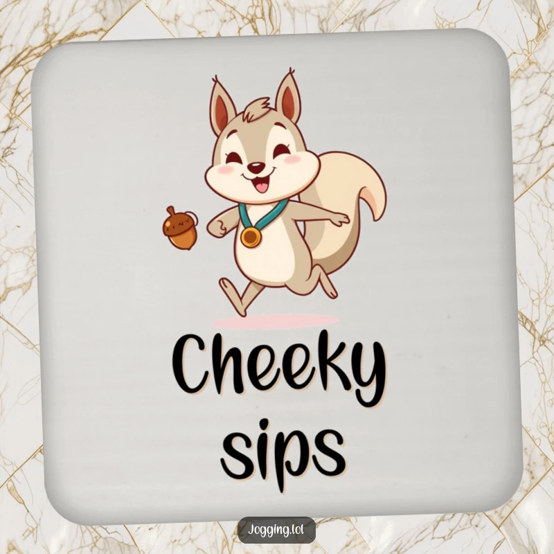 Funny Drink Coaster featuring an enthusiastic squirrel jogger holding an acorn as a medal, adding cheer to your table.