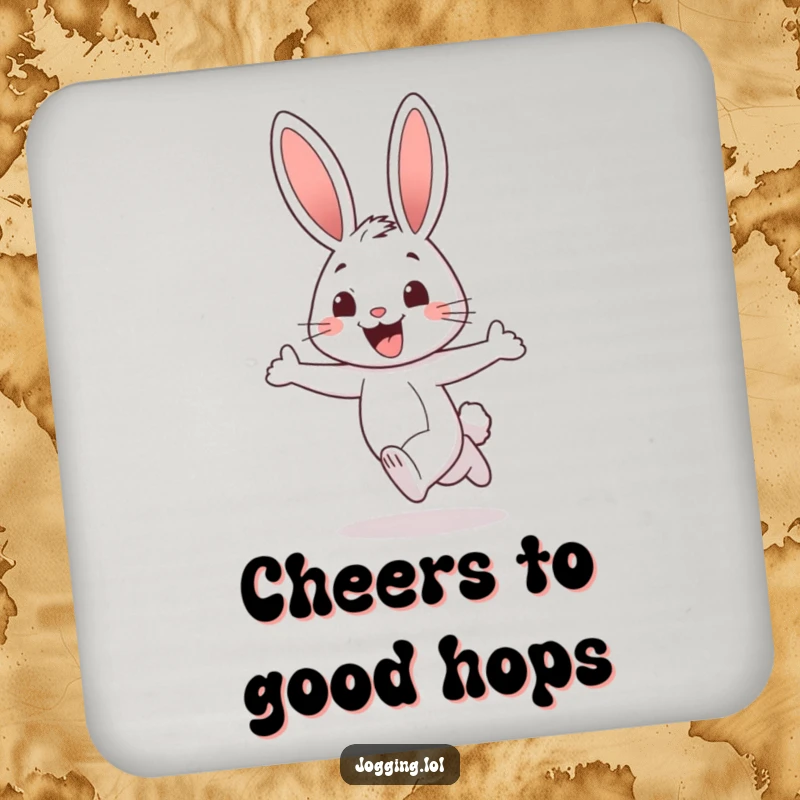 Funny rabbit coaster featuring a cheerful character jogging with a wide, excited grin, adding a humorous and protective element to tables, a cute gift.