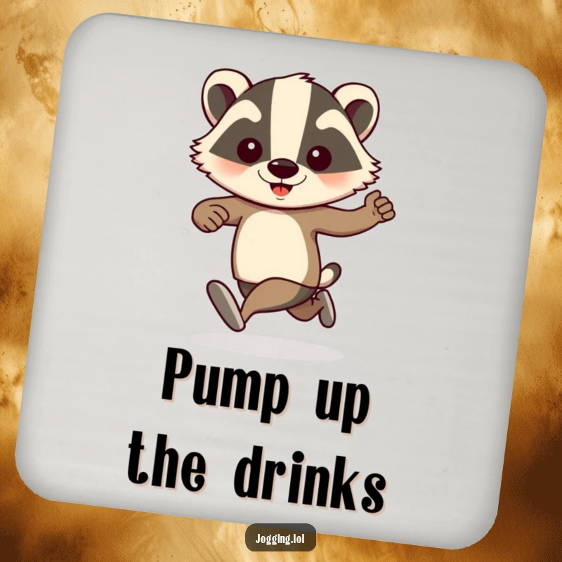 Funny badger jogger with pumping arms design on drink coasters, offering humorous protection for surfaces during drinks.