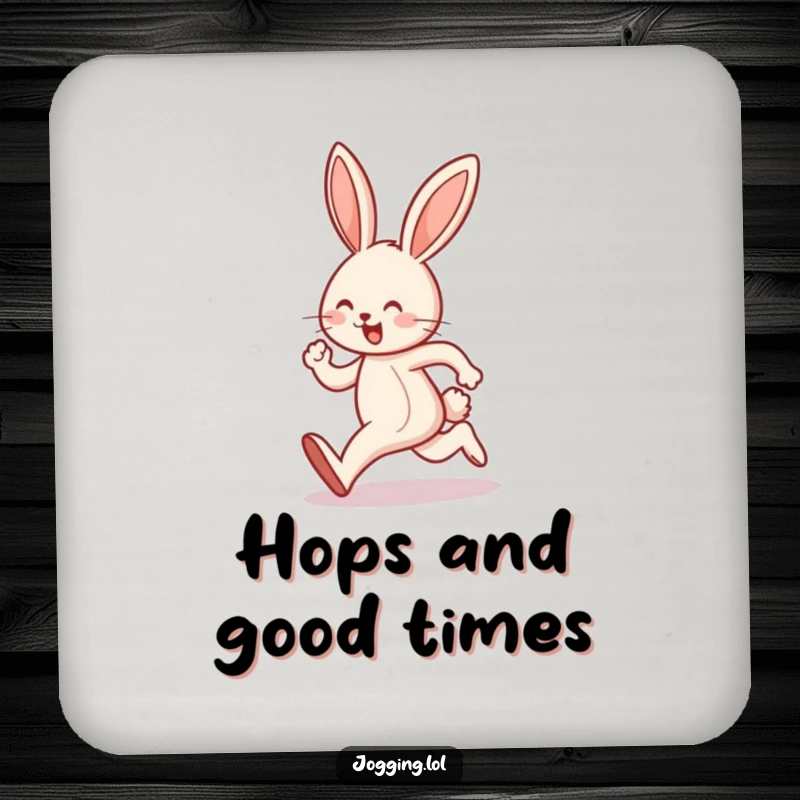 Funny drink coaster featuring a joyful bunny character doing a happy hop while jogging, symbolizing cheer.