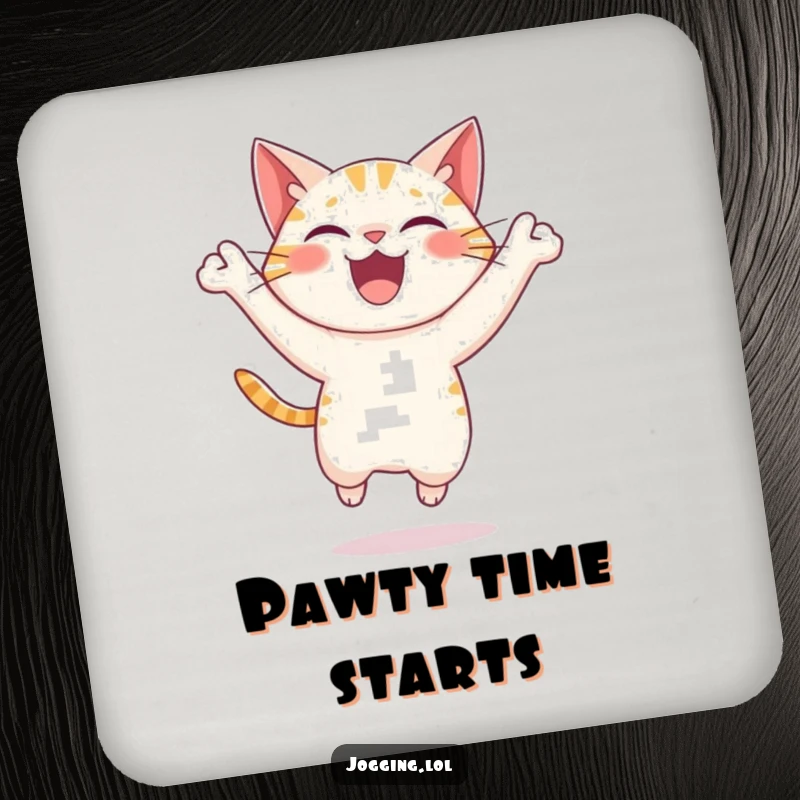 Funny cat coaster featuring a delighted character leaping with joy, adding a humorous and protective element to tables, a cute gift.