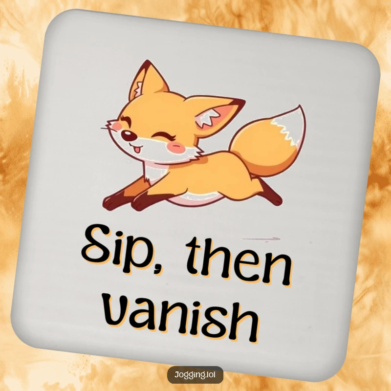 Funny cheerful fox coaster, legs tucked, moving fast, playful design, tabletop protection, ideal funny gift