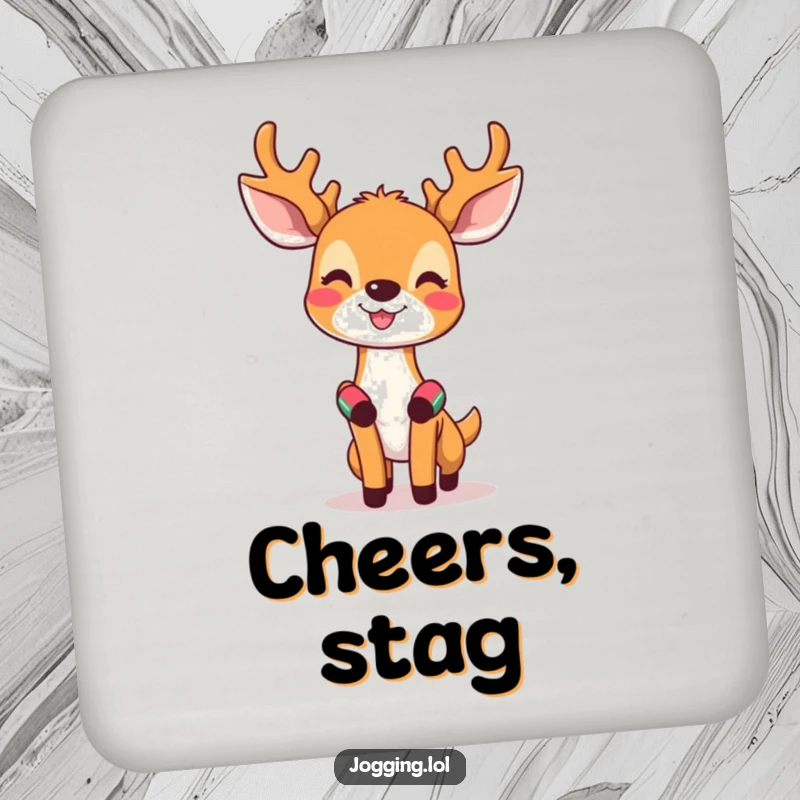 Funny coaster featuring a happy deer with tiny sweatbands on its wrists, looking invigorated and ready to protect surfaces.
