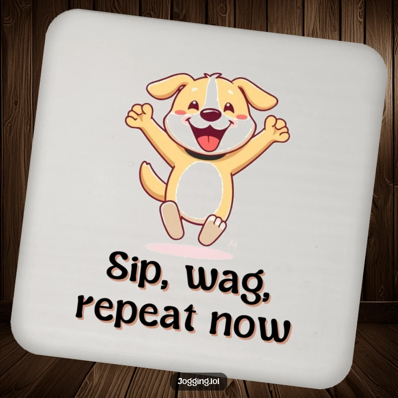 Funny dog coaster featuring a happy character sprinting with pumping arms, adding a humorous and protective element to tables, a small gift.