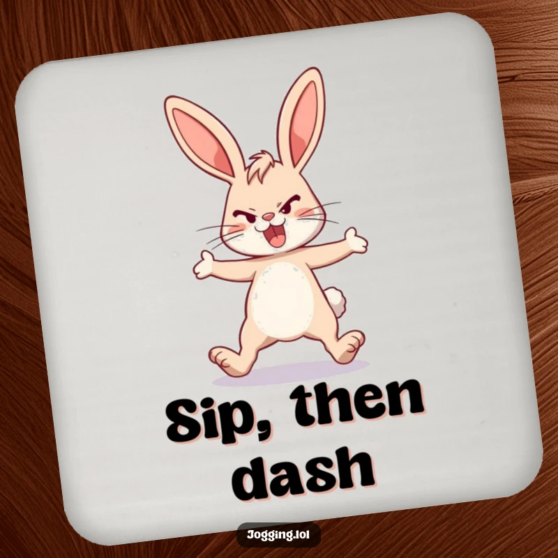 Funny energetic bunny coaster, determined rabbit, legs extended, playful design, tabletop protection, ideal funny gift